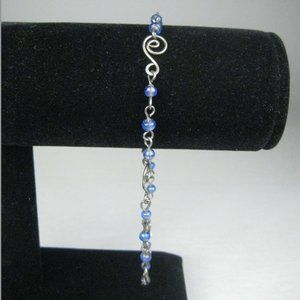 Bracelet 9 Inch LONG Metal Silvertone Spiral Blue Beaded Jewelry Delicate